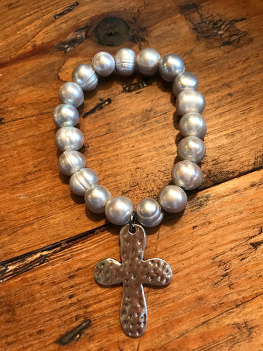 Light Gray freshwater pearls and cross bracelet