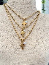 Antiqued Gold Rice Beaded Necklace with Cross and Pearl