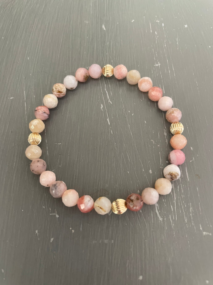 Pink Opal Faceted bracelet w/ 4 corrugated beads
