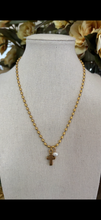 Gold Rice Beaded Necklace with Cross and Pearl