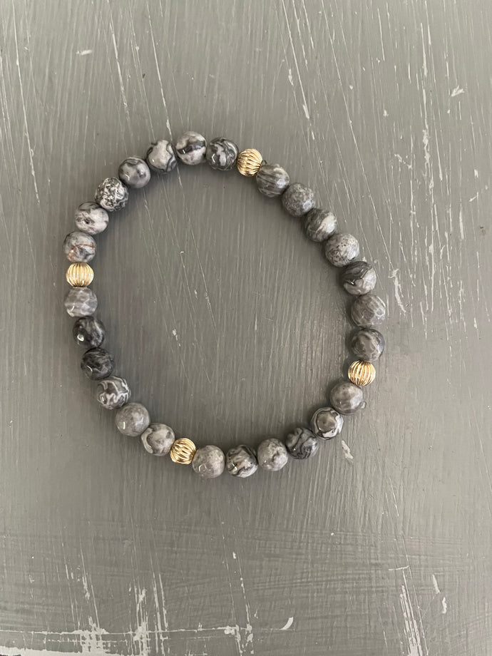 Gemstone bracelet w/ 4 gold corrugated beads