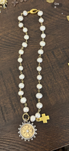 Pearl Rosary Necklace with Crosses