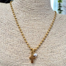 Antiqued Gold Rice Beaded Necklace with Cross and Pearl