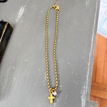 Antiqued Gold Rice Beaded Necklace with Cross and Pearl