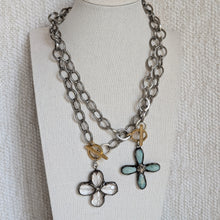 Soldered amazonite cross pendant on chunky silver chain w/ gold toggle