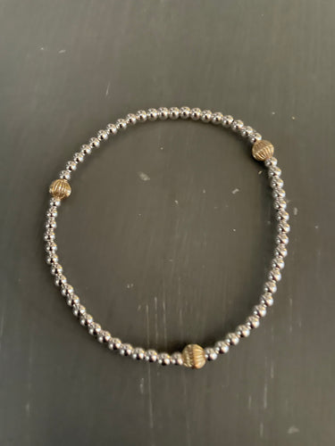 3mm sterling silver bracelet w/ 3 corrugated beads