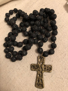 Matte Black Lava knotted beaded necklace with cross