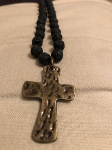 Matte Black Lava knotted beaded necklace with cross