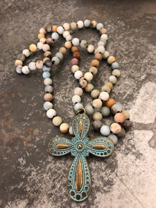 Amazonite beaded necklace with cross