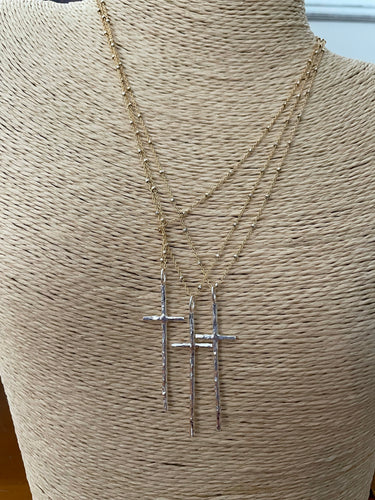 Sterling silver hammered cross with gold filled chain satellite necklace