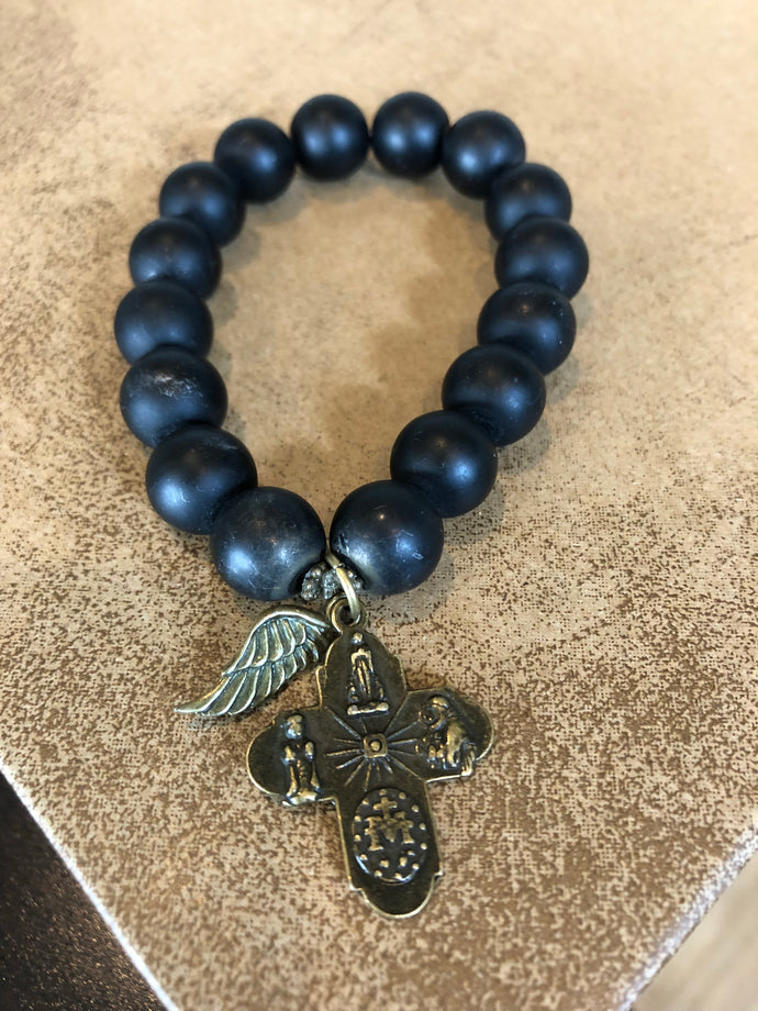 Black matte onyx with antique gold religious cross/angel wing