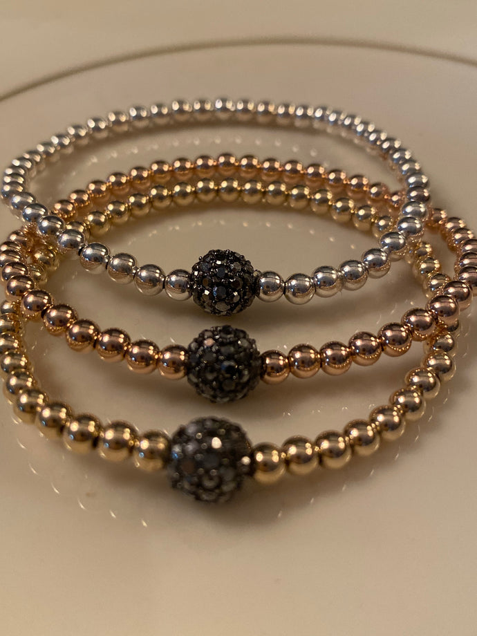 Gold, Rose gold or Sterling silver beaded bracelet with Hematite round ball