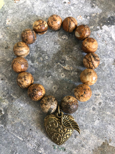 Wood agate beads with antique gold heart and angel wing
