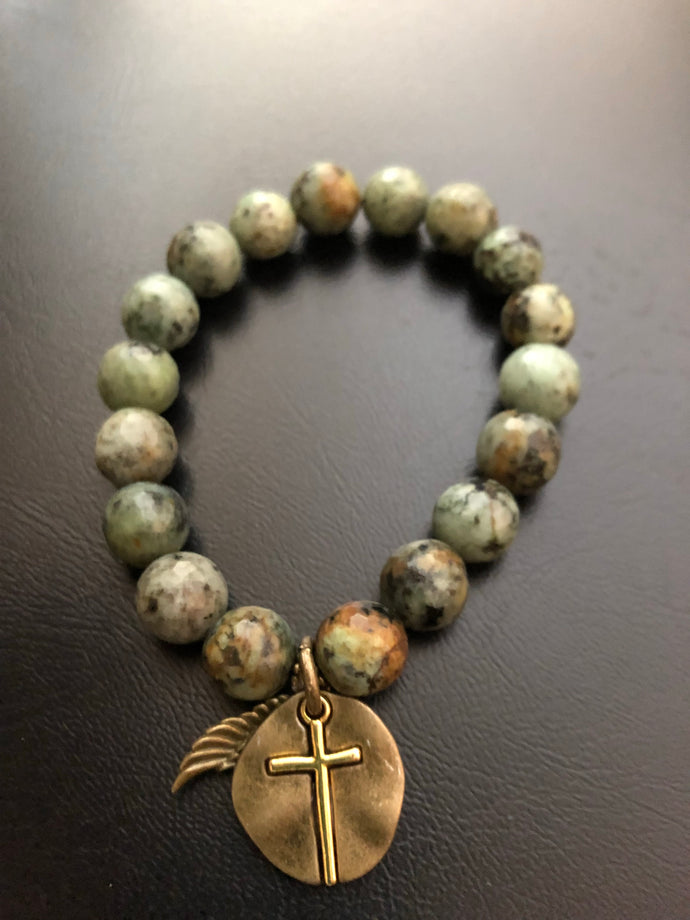 African jasper with bronze and gold cross charm