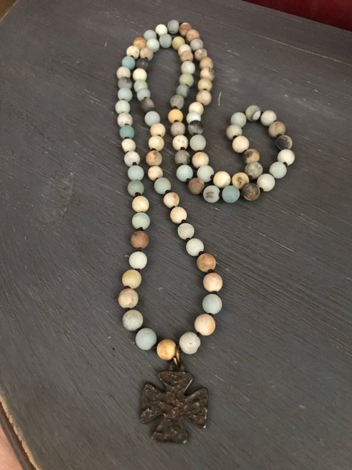 Matte amazonite beaded necklace w/cross