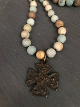 Matte amazonite beaded necklace w/cross