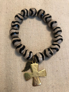 Tibetan cream/black beads w/gold cross and angel wing