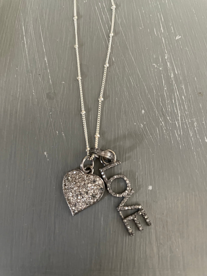 Diamond heart and love necklace