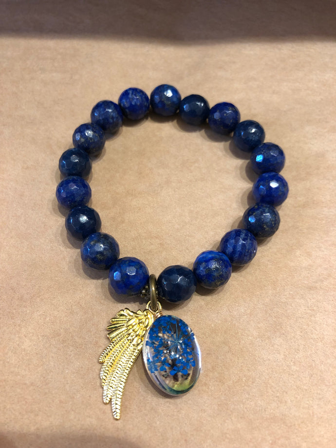 Lapis faceted bracelet with Press Flower charm - 10mm