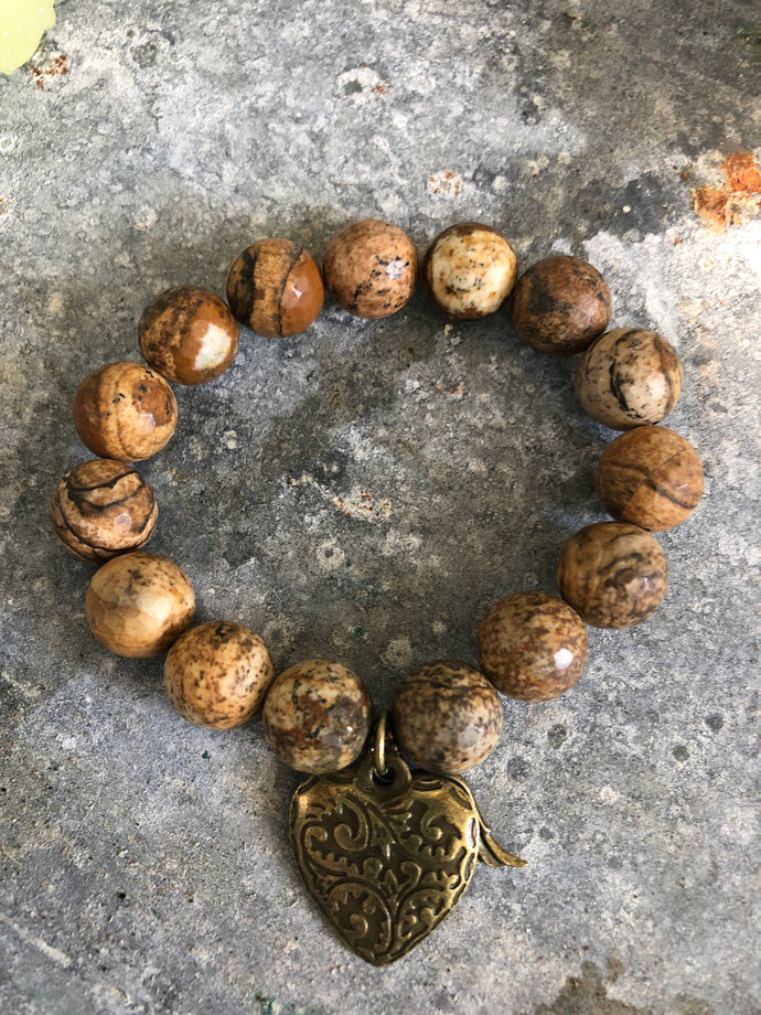 Wood agate beads with antique gold heart and angel wing