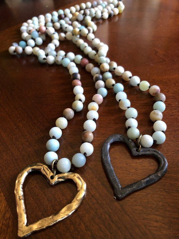 Amazonite hand knotted beaded necklace with heart