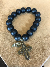 Black matte onyx with antique gold religious cross/angel wing